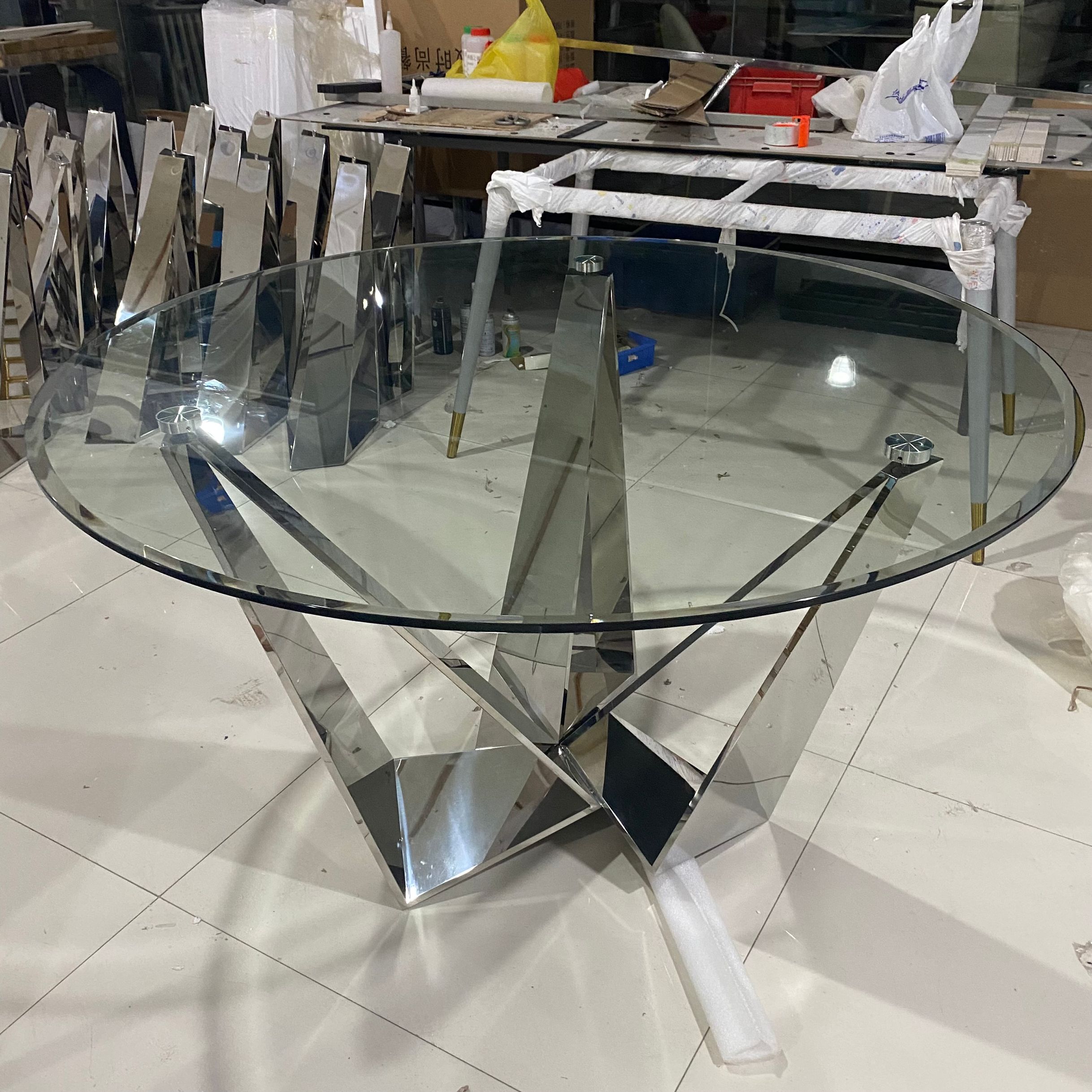Modern light luxury Dining Room Home Furniture Glass Top stainless steel base dining table