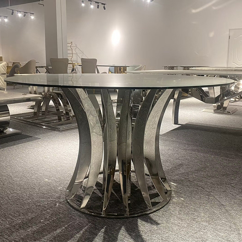 2023 new design living room furniture silver stainless steel base dining table custom size restaurant table with glass top