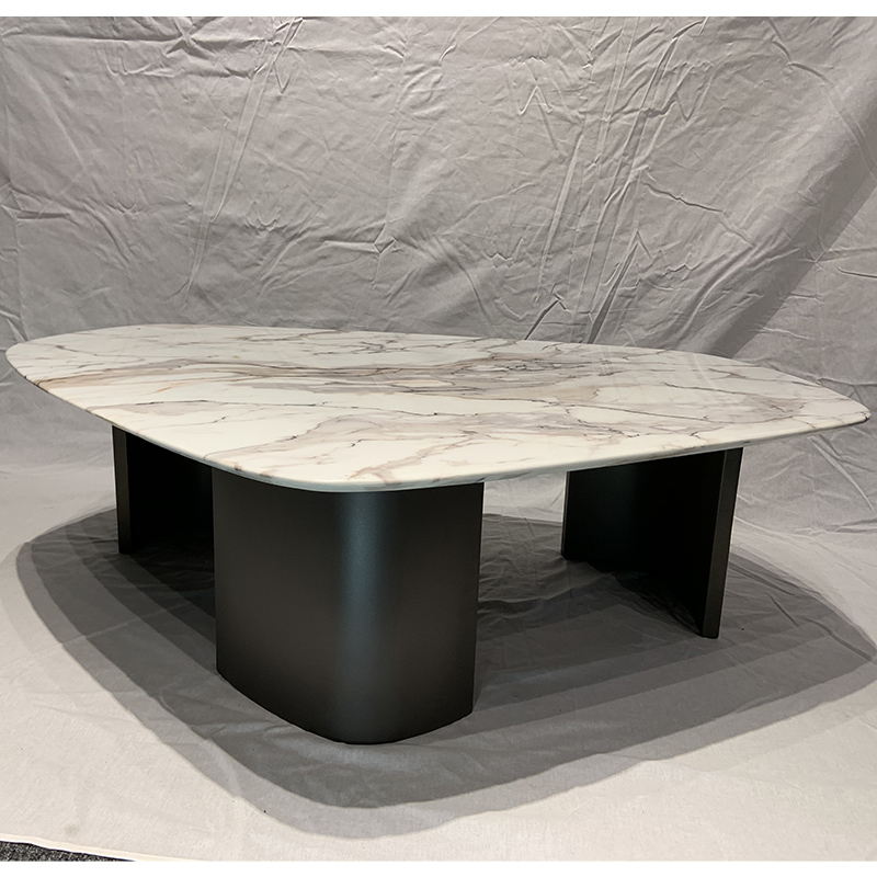 Italy design living room furniture triangle shape marble top tea table with metal powder coated base