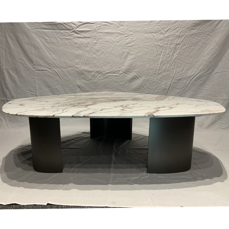 Italy design living room furniture triangle shape marble top tea table with metal powder coated base