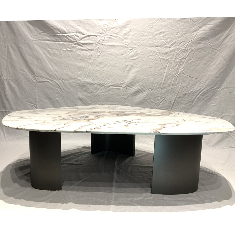 Italy design living room furniture triangle shape marble top tea table with metal powder coated base