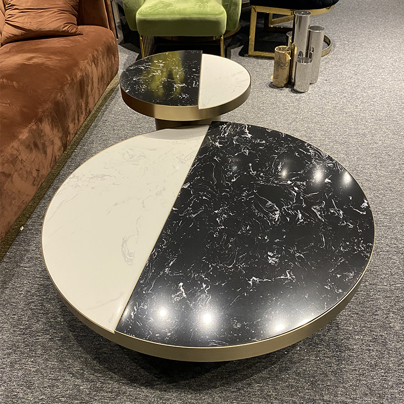 European hotel furniture living room tea table stone coffee table set round top with stainless steel base